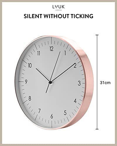 Modern Silent Quartz Wall Clock, 12in, White & Rose Gold | Designed in Germany, Simple & Elegant, Non-ticking, Analog, Battery operated, Housewarming gift, for Living room, Bedroom - color: White & Rose, 12"