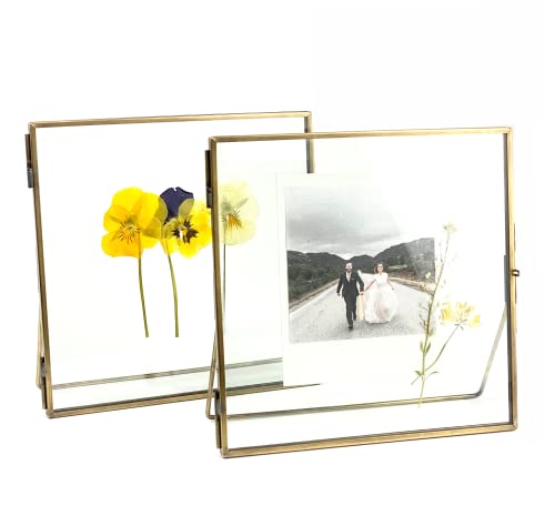 Beedecor Double Glass Frame for Pressed Flowers, Leaf and Artwork,Bronze 6x6 Standing Square Metal Picture Frames, Set of 2 Pressed Flower Frames with Stand (Antique bronze, 6x6) - color: Antique bronze, size: 6x6