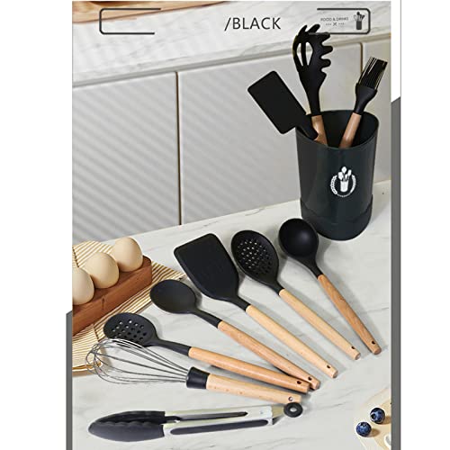 Black Silicone Kitchen Cooking Utensils Set, Heat Resistant Silicone Kitchen Gadgets Utensils Set with Wooden Handle,Silicone Spoons Spatula Whisk with Holder for Nonstick Cookware - color: Black 11p