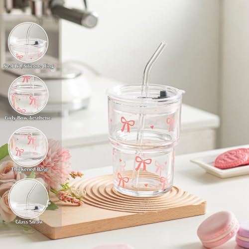 INSETLAN 13 oz Bow Decal Glass Tumblers Set of 2, Thick Wall Glass Cups with Lid and Glass Straw, On-the-Go Coffee Cups for Iced Coffee, Tea, Milk, Hot & Cold Drinks, Travel & Daily Use - color: 13 oz - 2 Pcs - With Bow Decal