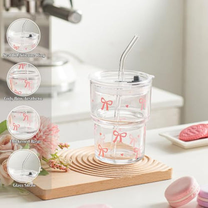 INSETLAN 13 oz Bow Decal Glass Tumblers Set of 2, Thick Wall Glass Cups with Lid and Glass Straw, On-the-Go Coffee Cups for Iced Coffee, Tea, Milk, Hot & Cold Drinks, Travel & Daily Use - color: 13 oz - 2 Pcs - With Bow Decal