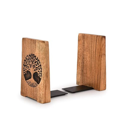 Office Bookends Iron & Acacia Wood Tree of Life Office Bookends for Shelves or Bookcase Heavy Bookends, Home Décor Gift (4"" X 4"" X 6""), (Set of 2), Brown