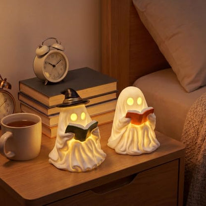 Fumete 2 Pcs Reading Ghost Halloween Decorations - Aesthetic Spooky Resin Light up Cute Ghost Couple with Book, Halloween Indoor Figurines for Mantel, Shelf & Tabletop Cozy Room Party Decor - style: Reading Ghosts
