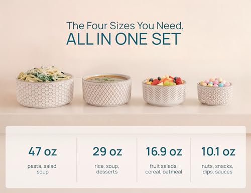 KooK Serving Bowls, with Lids, Ceramic Nesting Bowls, Set of 4, Embossed, Kitchen, Prep, Stackable, Gift, Microwave and Dishwasher Safe, 10/16/29/47 oz, Narbonne Collection (Ivory) - size: 47 Oz
