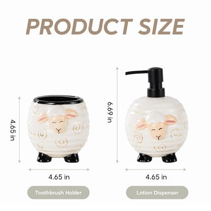 Sheep Bathroom Accessories 2 Piece Set Ceramic Soap Dispenser and Toothbrush Holder for Modern Bathroom Decor, Bathroom Accessory Set