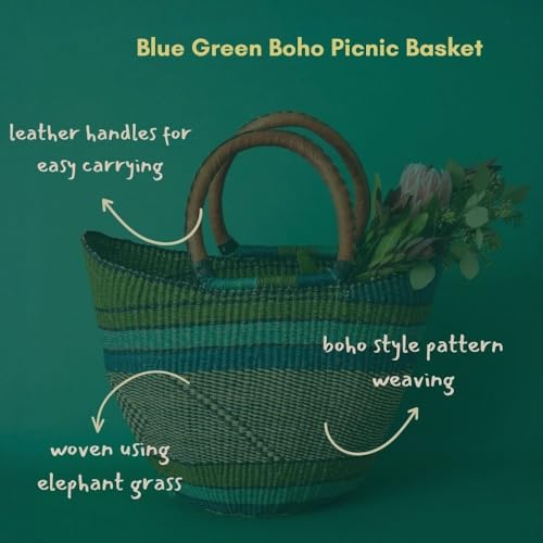 African Woven Market Basket Tote with Leather Handles, Blue Green, 16 Inch Wide - color: Blue Green