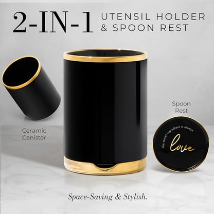 Styled Settings Black and Gold Kitchen Utensils Set with Holder, 8-Piece | Heat Resistant, Nonstick, Black Silicone Cooking Utensils Set, Ceramic Utensil Holder & Stackable Gold Spoon Rest - color: 8PC Black & Gold