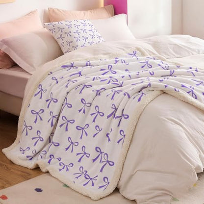 Tegeme Purple Bow Throw Blanket Sherpa Fleece Preppy Coquette Flannel Bow Blanket for Teen Girls Room Back to School Gift White Plush 50" x 60" Aesthetic Soft Bedding for College Dorm Bed Sofa Couch - color: Purple