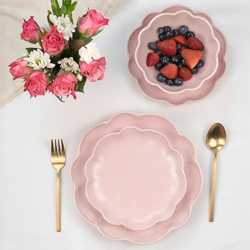 Sango 12 Pieces Scalloped Dinnerware Set, Modern Pink Dishes for 4, Premium Serving Plates & Bowls Sets, Chip Resistant, Blush Ceramic Dishware, Kitchen Dish, Microwave & Dishwasher Safe, Bethany - color: Pink, size: 12-Piece Set