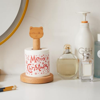 Vinoil Toilet Paper Holder Stand, Cute Cat Design Wooden Toilet Paper Holder Free Standing, Decorative Toilet Roll Holder, Scrunchies Holder Stand, Hair Ties Organizer