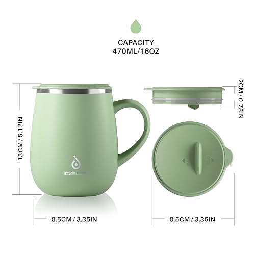 Ideus 16 oz Insulated Coffee Mug with Handle and Lid, Double Wall Stainless Steel Vacuum Thermal Coffee Mug, Travel Coffee Cup Thermal Cup for Home and Office (Avocado Green 2.0, FUJI DAWN) - color: Avocado Green 2.0