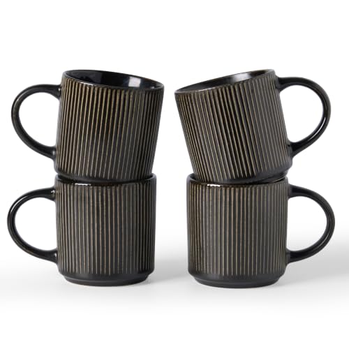 famiware Coffee Mug Set of 4, Star 12 oz Ceramic Mugs Cups Set with Handle | Stoneware Stackable Catering Cup for Coffee, Tea, Cappuccino, Latte, Microwave & Dishwasher Safe, Black - color: Star-Black, size: 4 Count (Pack of 1)