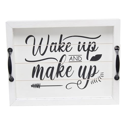 Elegant Designs HG2032-WWM Salento Farmhouse Rectangular Decorative LED Light Up Wooden Serving Tray w Metal Handles & Wake up and Make up in Black for Décor, Centerpiece, Breakfast, Bar, Whitewash - color: White Wash/Black "Wake Up and Make Up", size: 15