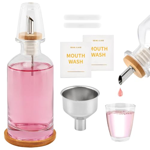 Glass Mouthwash Dispenser with Serving Tray and Funnel Set - Reusable Bottle for Mouthwash, Oil, Soap, or Vinegar with No-Drip Spout & Easy-Pour Design(Clear)