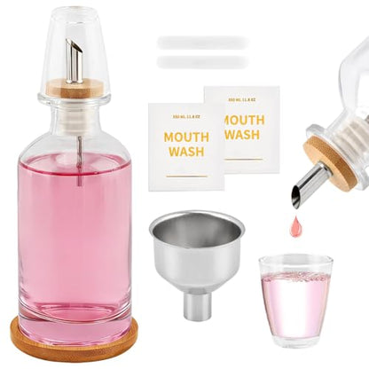 Glass Mouthwash Dispenser with Serving Tray and Funnel Set - Reusable Bottle for Mouthwash, Oil, Soap, or Vinegar with No-Drip Spout & Easy-Pour Design(Clear)