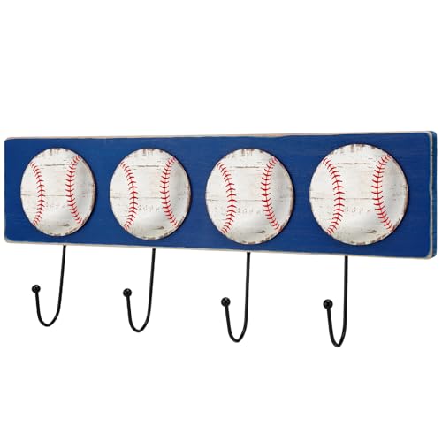 Baseball Wall Decor Wood Sports Coat Rack with 4 Hooks Vintage Baseball Wall Mounted Coat Hooks Sports Theme Bathroom Decor Towel Hanger for Home Entryway Playroom Hats Keys - style: Baseball