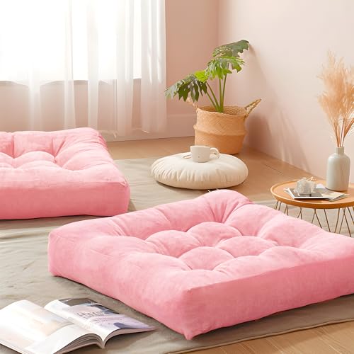 Floor Pillows Set of 2, Large Meditation Cushion for Adults, 22 Inch Square | Floor Cushion For Reading Nook, Office & Tatami, Breathable Corduroy Cover, Supportive Shredded Memory Foam, Pink Yoga Seat - color: Square | Pink | 2 Pack, size: 2 Pack