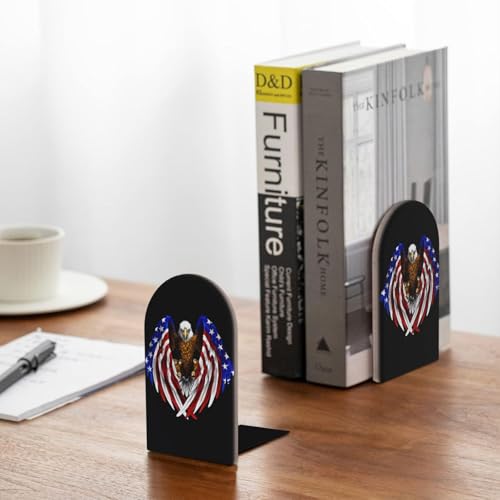 USA Flag Patriotic Eagle Print Bookends Shelves – Wooden Sturdy Book Holders, Storage for Home Office, Protective Desktop Accessories
