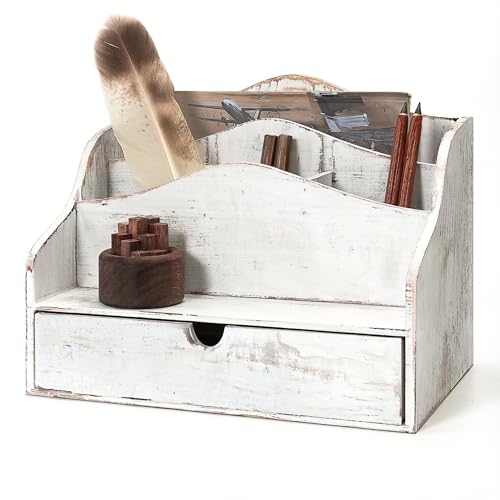 Rebee Vision Mail Organizer for Desk with Drawer for Room Decor, Whitewash | Pine Wood, Farmhouse Countertop Mail Sorter, 4-Slot Letter, Letter Organizer with Drawer, Room Organization, Home Aesthetic - color: A-Whitewash