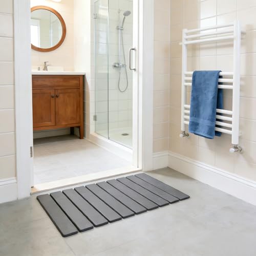 Foldable Stone Bath Mat, Quick-Dry Non-Slip Diatomaceous Earth Mat, Space-Saving Absorbent Shower Mat for Bathroom, Non-Slip Rubber Base,Easy to Clean, 23.6" x 15.5" Grey