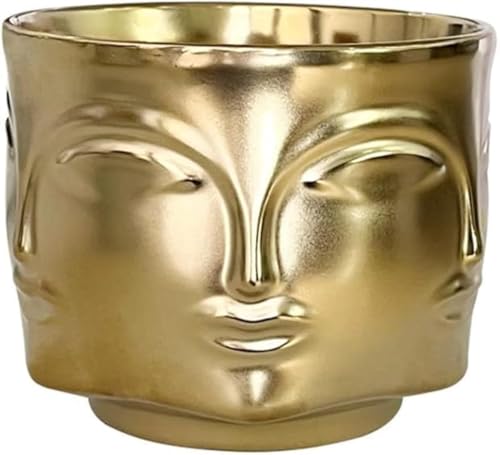 Face-Shaped Ceramic Vase Planter - Modern Indoor Flowers Plant Pot, Creative Human Head Statue Decoration for Bedroom, Living Room, Office (Gold) - color: Gold