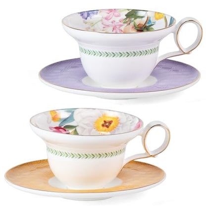 KAMMAK Tea Cups Set of 2,Ceramic Floral Pattern Demitasse Cup | Porcelain Espresso Cup with Saucer, 5.92 oz Handmade Elegant Bone China Tea Cups for Latte, Americano, Cappuccino - color: Vine (B.Purple+C.Yellow)