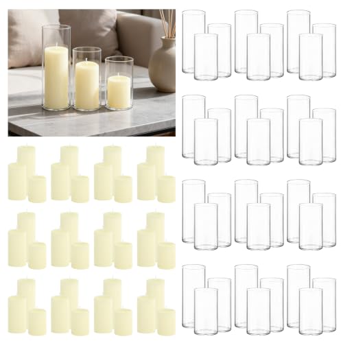 36-Pack Ivory Pillar Candles (2''X3,4,6) & 36-Pack Glass Cylinder Vases(2.6''X5,6,8),Hurricane Candles,Wedding Centerpiece Decor Set-Mixed Heights for Table, Proposal, Event. - color: Ivory, size: 36