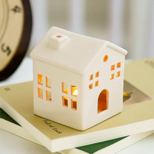 Hollowed Ceramic Village House Tealight Candle Holder for Home Fireplace Mantel Table Centerpiece Winter Holiday Christmas Decorations (White) - color: White