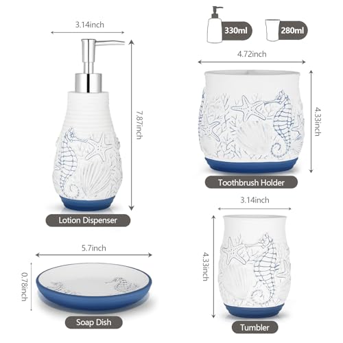 Beach Theme Bathroom Accessory Sets 4PCs Bathroom Set Complete Embossed Seashell Starfish Design Includes Lotion Dispenser Toothbrush Holder Tumbler Cup & Soal Dish - color: White With Blue, size: Soap Dish