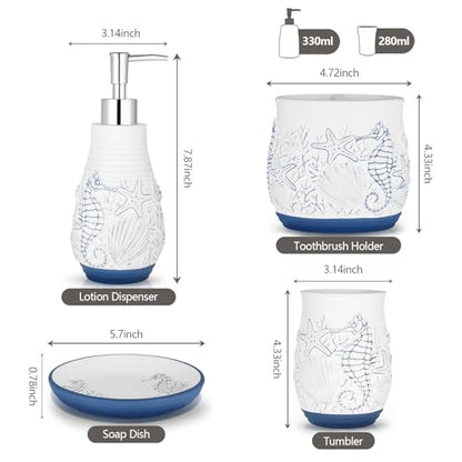 Beach Theme Bathroom Accessory Sets 4PCs Bathroom Set Complete Embossed Seashell Starfish Design Includes Lotion Dispenser Toothbrush Holder Tumbler Cup & Soal Dish - color: White With Blue, size: Soap Dish