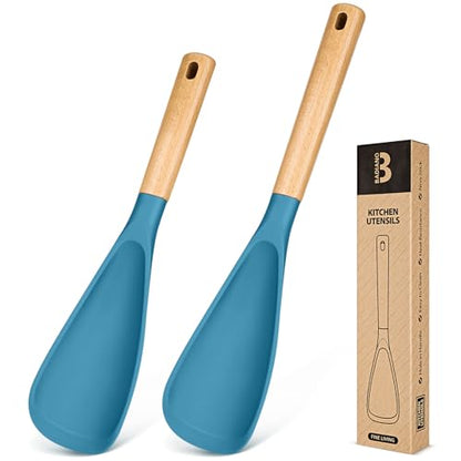 Multifunction Spoon for Nonstick Cookwares, Great for Cooking and Serving, Sturdy BPA-Free Matte Silicone, Wood Handle spoonula for Mixing, Scoop, and Scrape, Turquoise(2 pack,11.4" & 13.4") - color: TURQ