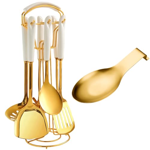 Stainless Steel Gold Kitchen Utensils Set with Holder & Spoon Rest, Durable Kitchen Accessories Includes 6 Cooking Utensils, 1 Hanging Rack,1 Ladle Holder, Easy to Clean, Modern Countertop Décor - color: Gold