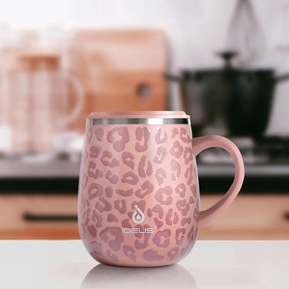 Ideus 16 oz Insulated Coffee Mug with Handle and Lid, Double Wall Stainless Steel Vacuum Thermal Coffee Mug, Travel Coffee Cup Thermal Cup for Home and Office (Leopard Pink, FUJI DAWN) - color: Leopard Pink