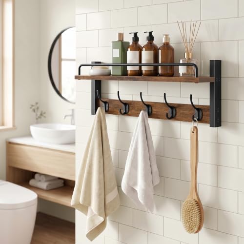 Coat Hanger Wall Mount with Shelf and Guardrail, 16.3" Rustic Brown | Coat Rack Wall Mount with Shelf with 5 Coat Hooks, Storage Entryway Wall Hooks with Shelf for Living Room, Bedroom, Bathroom - size: 16.3 Inch Long