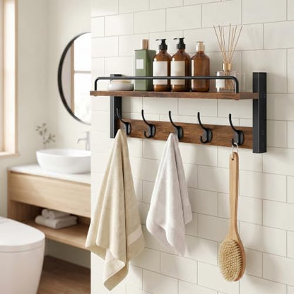 32.6"(16.3"*2) Wall Hooks with Shelf and Guardrail, Rustic Brown | Wall Coat Rack with 5 Hooks, Entryway Wall Coat Rack with Shelf, Coat Rack Wall Mount for Living Room, Bedroom, Kitchen - size: 32.6 Inch Long