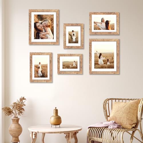 iRahmen 8x8 Picture Frame with Mat 6x6 - High Definition Real Glass Wooden Photo Frames for Tabletop Display and Wall Mounting (Rustic Brown, Set of 2) - color: Rustic Brown, size: 8X8