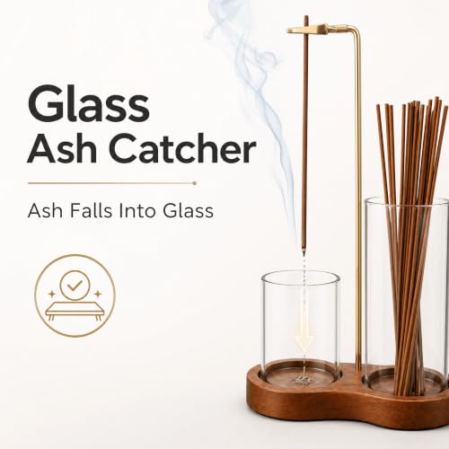 Incense Holder for Sticks with Glass Ash Catcher, 2 in 1 Upside Down Incense Burner with Wooden Base, Minimalist Zen Home Decor