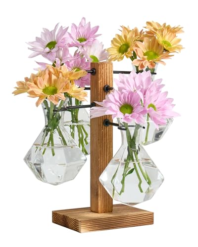 Plant Propagation Stations with Wood Stand, 4 Vases Diamond Shape | Glass Propagation Vases For Hydroponic, Plant Terrarium For Home Office Garden Decor, Gardening Gifts For Plant Lovers - color: Diamond