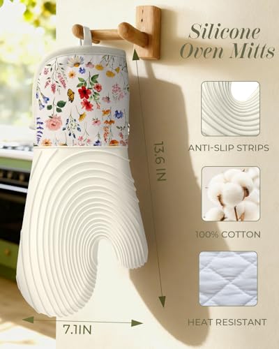 Slohif Long Silicone Oven Mitts Heat Resistant for Women - 2 Pcs Red Flower 100% Cotton Oven Gloves, Non-Slip and Waterproof Silicone Oven Mitts with Hanger for Baking and Cooking - color: White Red