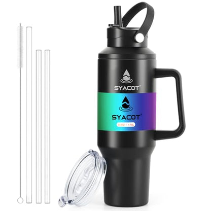 40 oz Tumbler with Handle and Straw or Convert to 40 oz Insulated Water Bottle Fits in Cup Holder. Stainless Steel Metal Water Flask with 2 Lids for Travel,Camping,Gym Sports Coffee Mug Thermal Cup - color: Black