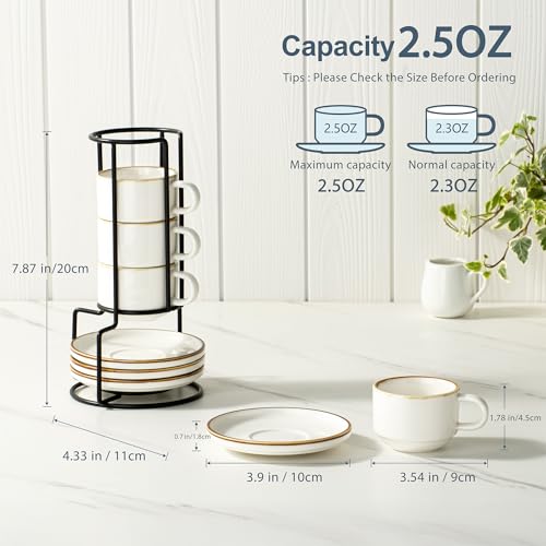 ONEMORE 2.5 Oz Espresso Cups Set of 4, Stackable Porcelain Coffee Cups with Saucers and Metal Stand, White Demitasse Mugs for Espresso, Cappuccino, Latte, Microwave & Dishwasher Safe - color: Cream White