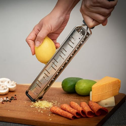 3-in-1 Lemon Zester & Cheese Grater, 304 Stainless Steel, 15-Inch, Black | Three Blade Surfaces for Fine Zesting, Coarse Grating and Slicing, 304 Stainless Steel, Non-slip TPE Handle, Dishwasher Safe - color: L-Black