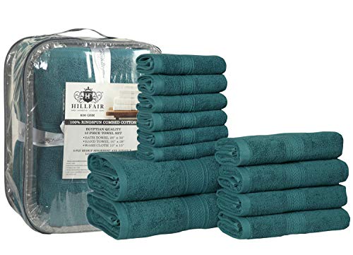 Hillfair 12-Piece 600 GSM Cotton Bath Towel Set - Hotel Spa Towels: 2 Bath, 4 Hand, 6 Washcloths - Absorbent, Super Soft - Teal - color: Teal, size: 12 Piece Towel Set