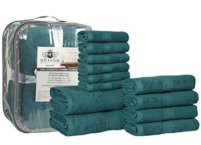 Hillfair 12-Piece 600 GSM Cotton Bath Towel Set - Hotel Spa Towels: 2 Bath, 4 Hand, 6 Washcloths - Absorbent, Super Soft - Teal - color: Teal, size: 12 Piece Towel Set