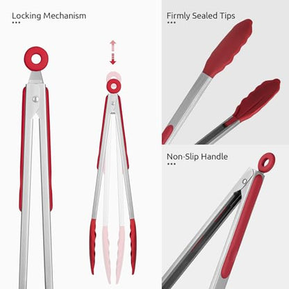 U-Taste 9+12 inch 600ºF Heat Resistant Silicone Kitchen Tong Set of 2 and 600ºF Heat Resistat Silicone Flexible Baking Spoon Spatula & Cooking Scoop Spoonula (Red)