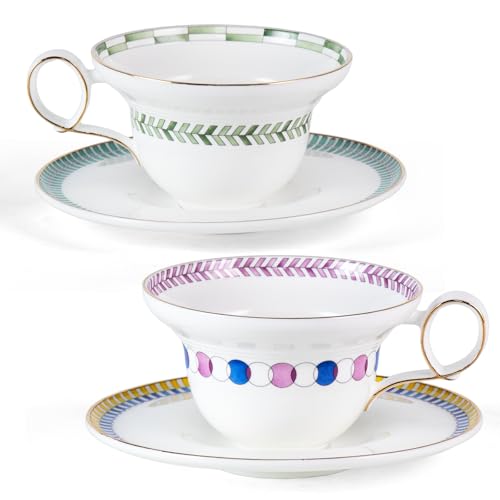 KAMMAK Tea Cups Set of 2,Ceramic Floral Pattern Demitasse Cup | Porcelain Espresso Cup with Saucer, 5.92 oz Handmade Elegant Bone China Tea Cups for Latte, Americano, Cappuccino - color: Vibrant Colors (A.Green+B.Yellow)