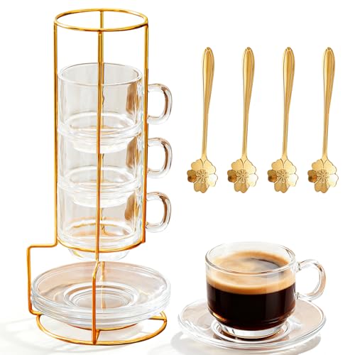 5.4 oz Espresso Cups Set of 4,Stackable Glass Coffee Cups with Cup Holder | with Saucers Spoons,Clear Tea Cup Espresso Cups Set for Home Office Break Room Tea Party