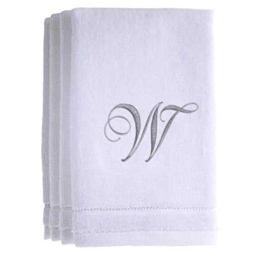 Monogrammed Towels Fingertip, Personalized Gift, 11 x 18 Inches - Set of 4- Silver Embroidered Towel - Extra Absorbent 100% Cotton- Soft Velour Finish - For Bathroom/ Kitchen/ Spa- Initial W (White) - color: W