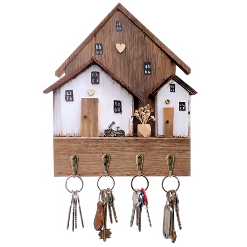 Cute Key Holder for Wall, Rustic Key Rack Wall Mount Decorative Wooden Hooks House Shaped Boho Hat Purse Rack with 4 Hooks for Hanging Entryway Front Door Hallway Bedroom
