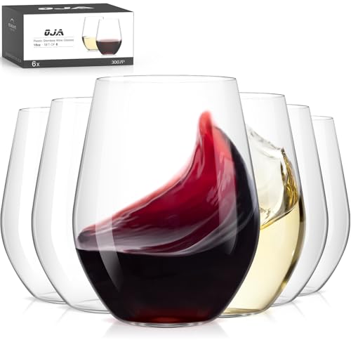 OJA Unbreakable Tritan Plastic Stemless Wine Glasses,16 oz,Set of 6,Outdoor | Shatterproof Wine Glass, Clear, BPA-free, Reusable, Dishwasher-Safe, Drinking Glassware for Poolside, Camping, Party